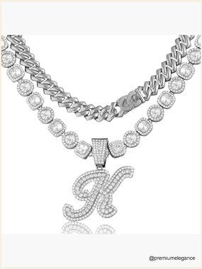 Silver Cuban Link Initial Necklace Set - 2 Pack Hip Hop Chain